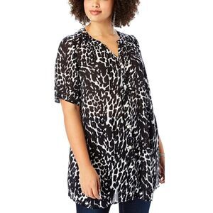 Roaman's Angelina Tunic Notch V-Neck Short Sleeve Blouse Black/White 18W
